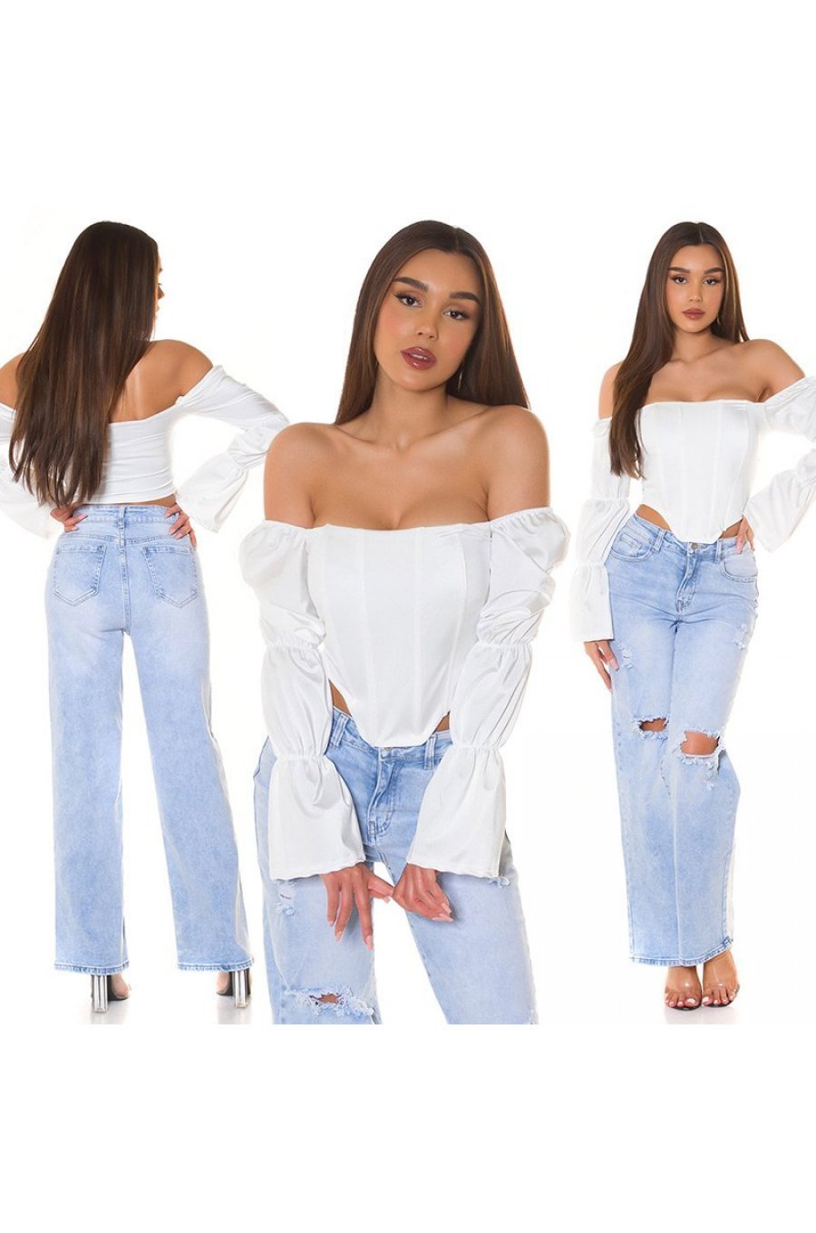 Top dama tip corset, alb, din satin, cu maneca lunga si umerii goi, Esra 7 - jojofashion.ro