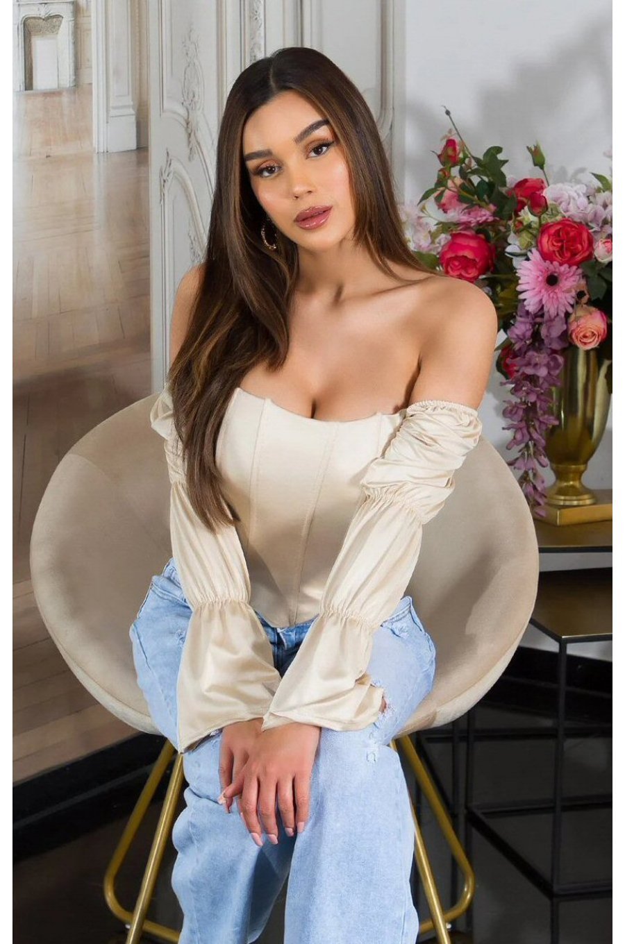 Top dama tip corset, bej, din satin, cu maneca lunga si umerii goi, Esra 1 - jojofashion.ro