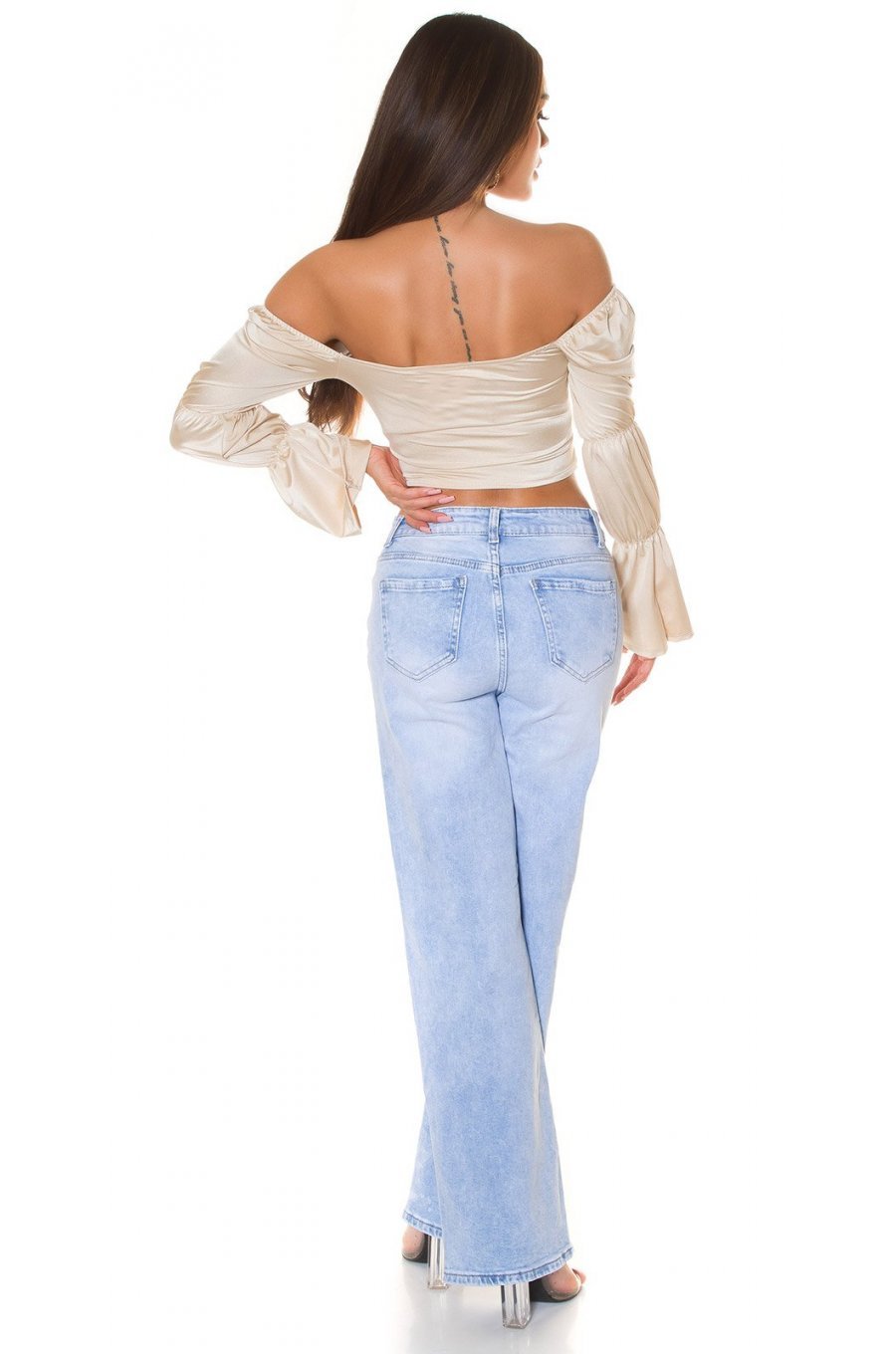 Top dama tip corset, bej, din satin, cu maneca lunga si umerii goi, Esra 5 - jojofashion.ro