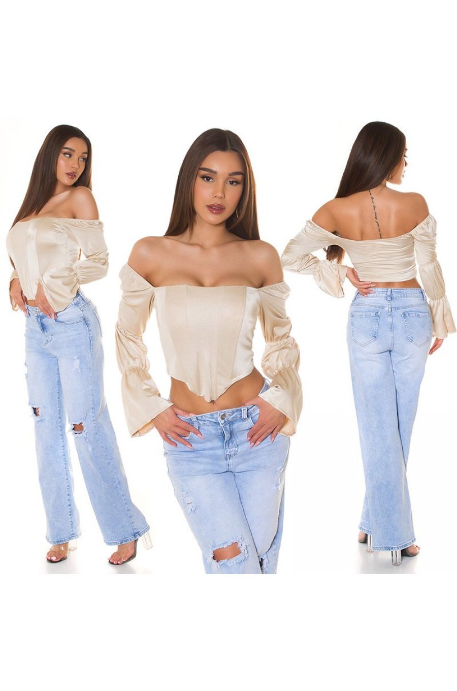 Top dama tip corset, bej, din satin, cu maneca lunga si umerii goi, Esra 7 - jojofashion.ro