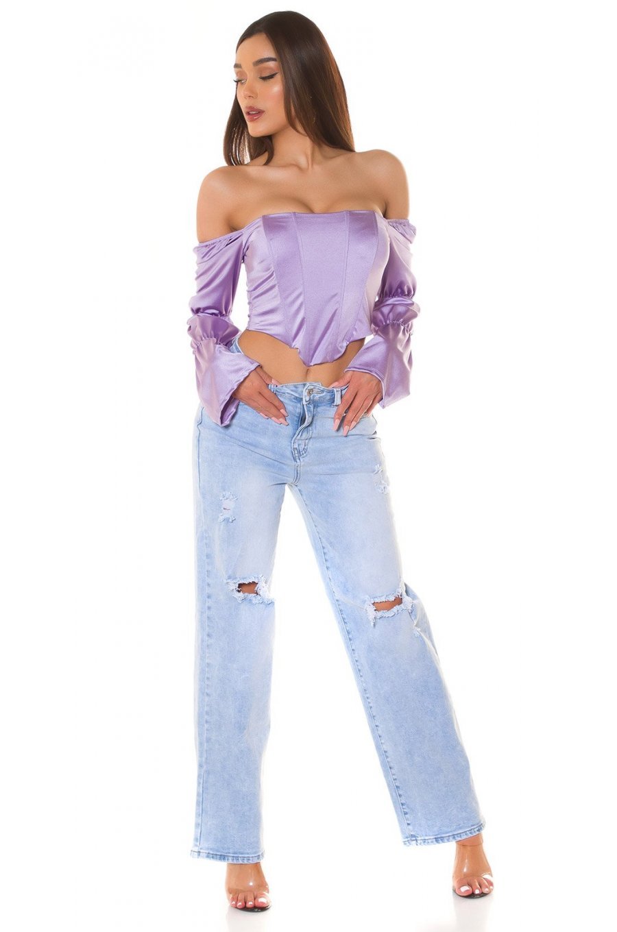 Top dama tip corset, lila, din satin, cu maneca lunga si umerii goi, Esra 3 - jojofashion.ro
