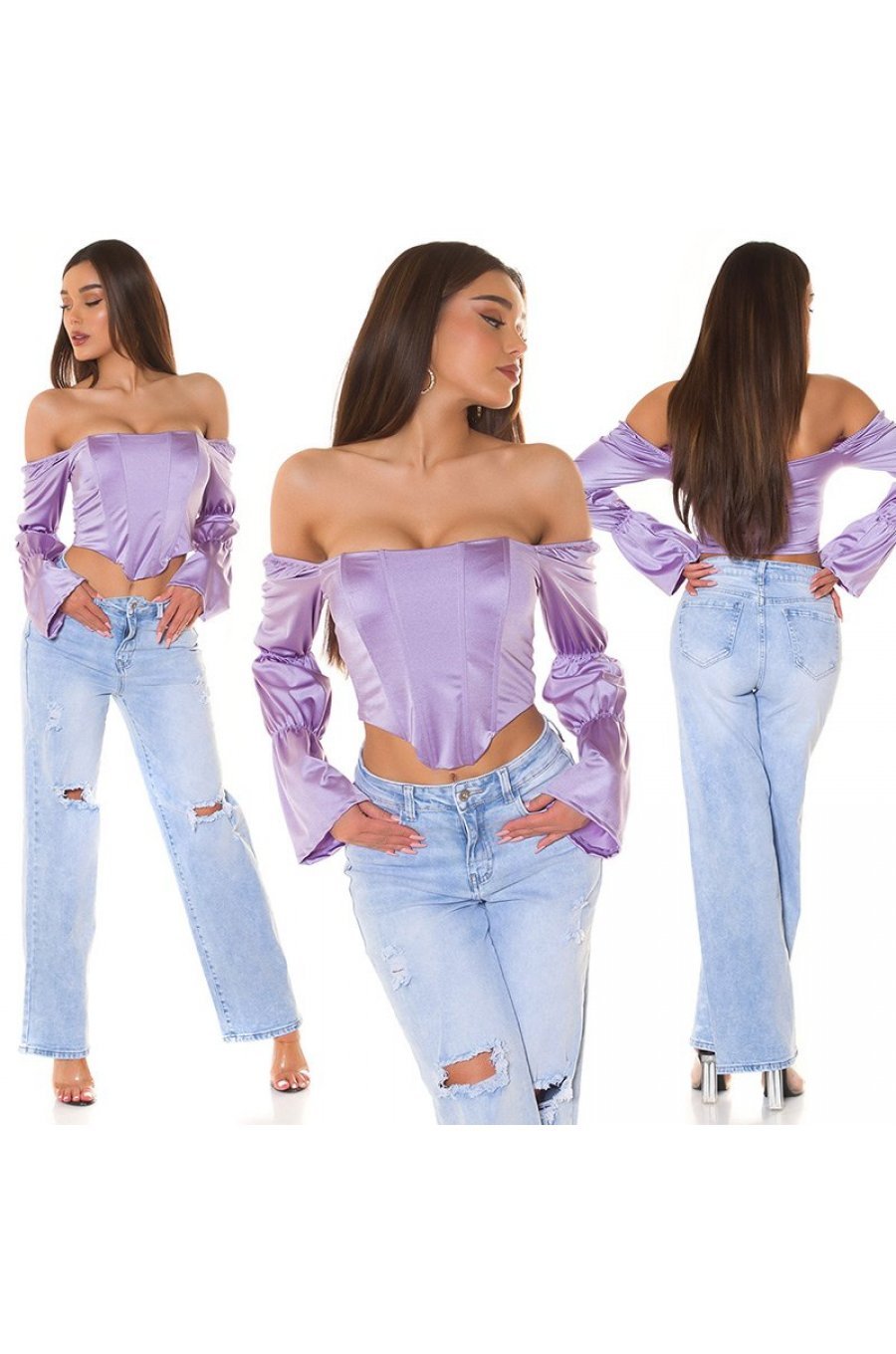 Top dama tip corset, lila, din satin, cu maneca lunga si umerii goi, Esra 7 - jojofashion.ro