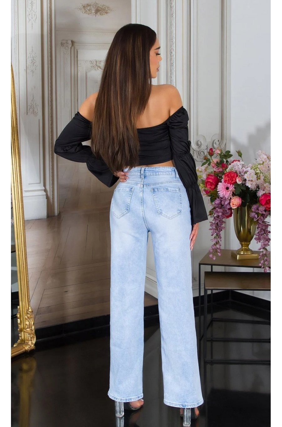 Top dama tip corset, negru, din satin, cu maneca lunga si umerii goi, Esra 3 - jojofashion.ro