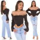 Top dama tip corset, negru, din satin, cu maneca lunga si umerii goi, Esra 5 - jojofashion.ro