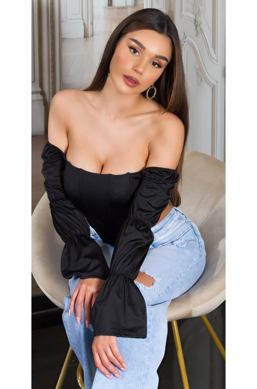 Top dama tip corset, negru, din satin, cu maneca lunga si umerii goi, Esra 5 - jojofashion.ro