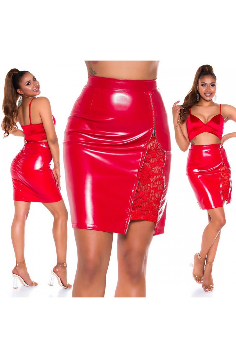 Fusta mulata piele eco scurta rosie cu dantela Amy Fusta mulata piele eco scurta rosie cu dantela Amy 5 - jojofashion.ro