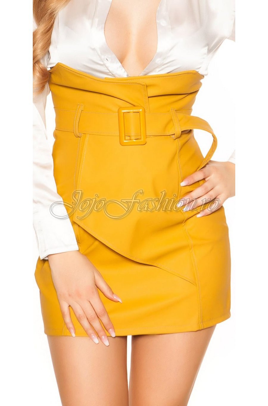 Fusta office imitatie piele scurta galben mustar cu talia inalta Elsie 1 - jojofashion.ro