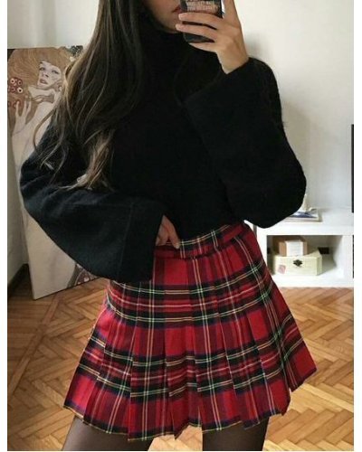 Fusta casual plisata, in carouri, scurta, rosie, Ecrin - jojofashion.ro