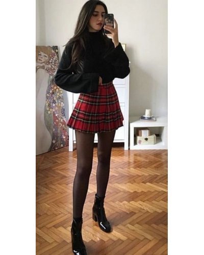 Fusta casual plisata, in carouri, scurta, rosie, Ecrin - jojofashion.ro