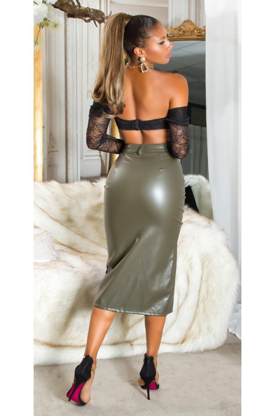 Fusta mulata din piele eco, midi, kaki, Rhona Fusta mulata din piele eco, midi, kaki, Rhona 4 - jojofashion.ro