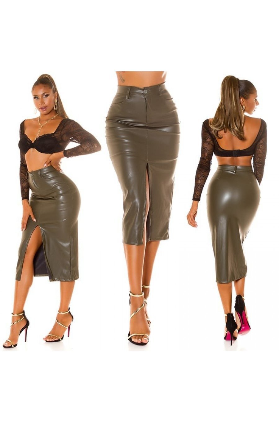 Fusta mulata din piele eco, midi, kaki, Rhona Fusta mulata din piele eco, midi, kaki, Rhona 5 - jojofashion.ro