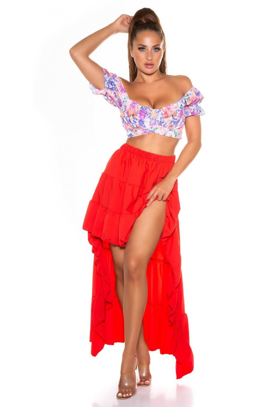 Fusta scurta rosie cu trena latino look Nedelya 2 - jojofashion.ro