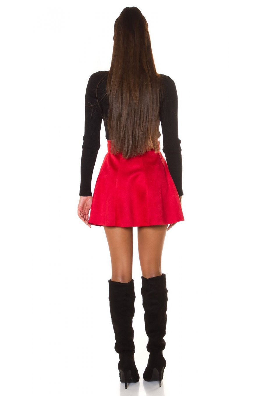 Fusta scurta rosie imitatie piele caprioara cu talia inalta Molly 3 - jojofashion.ro