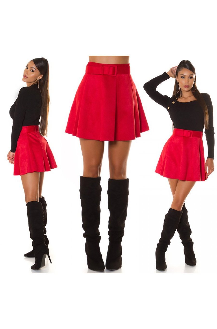Fusta scurta rosie imitatie piele caprioara cu talia inalta Molly 2 - jojofashion.ro
