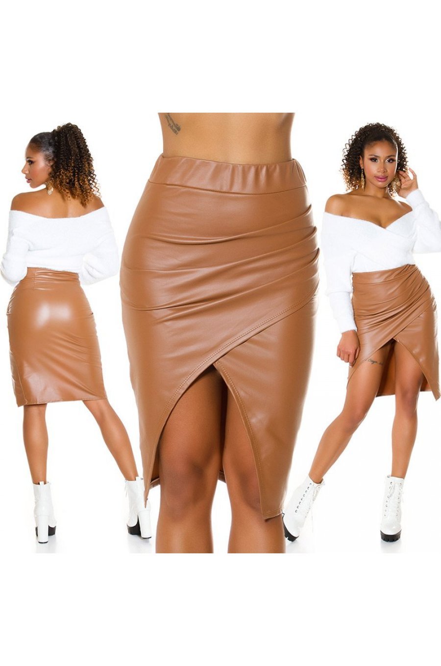 Fusta midi maro asimetrica tip creion WetLook Clarice 4 - jojofashion.ro