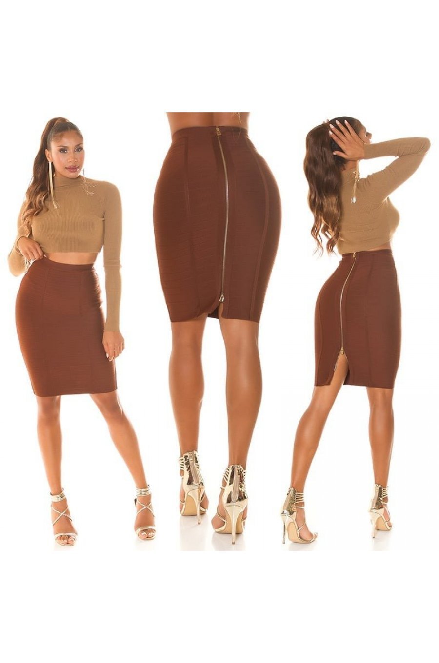 Fusta bandage midi, maro, tip creion, cu fermoar la spate, Sofie 7 - jojofashion.ro