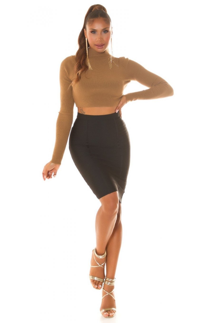 Fusta bandage midi, neagra, tip creion, cu fermoar la spate, Sofie 3 - jojofashion.ro