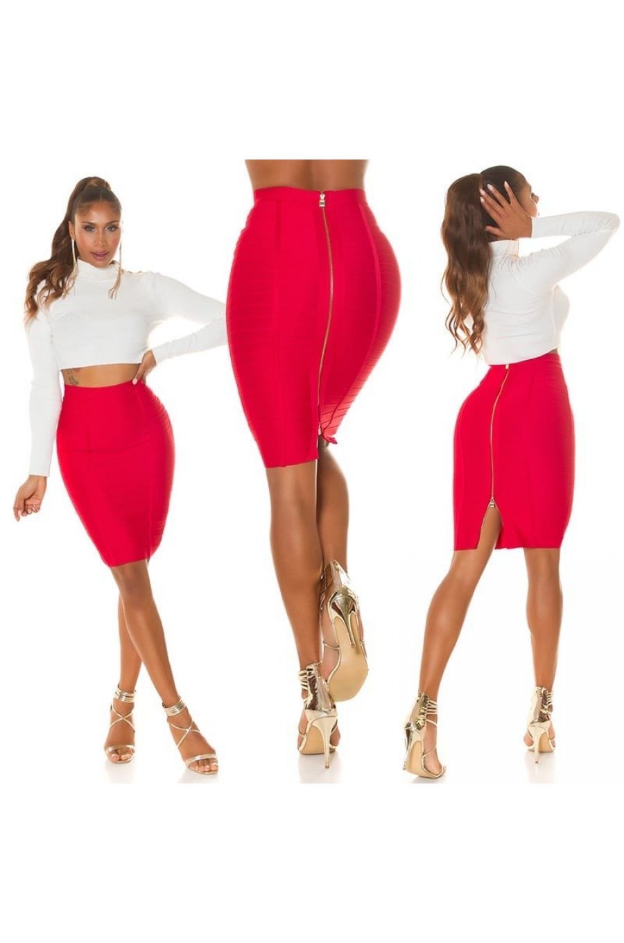 Fusta bandage midi, roz zmeura, tip creion, cu fermoar la spate, Sofie Fusta bandage midi, roz zmeura, tip creion, cu fermoar la spate, Sofie 8 - jojofashion.ro