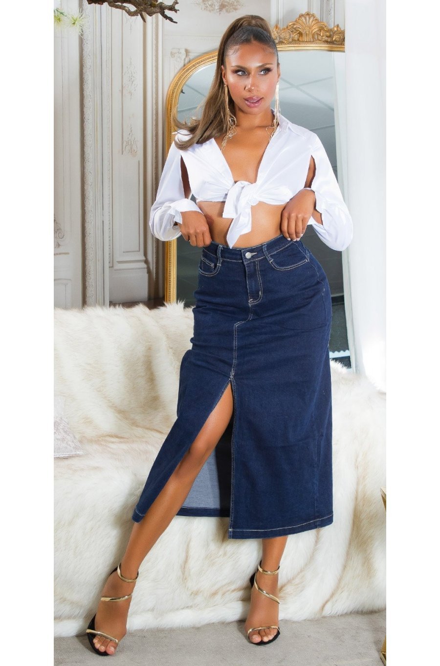Fusta blugi lunga, albastra, din denim, cu talia inalta, Sigrid Fusta blugi lunga, albastra, din denim, cu talia inalta, Sigrid 2 - jojofashion.ro