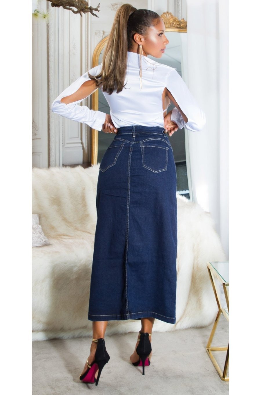 Fusta blugi lunga, albastra, din denim, cu talia inalta, Sigrid Fusta blugi lunga, albastra, din denim, cu talia inalta, Sigrid 3 - jojofashion.ro