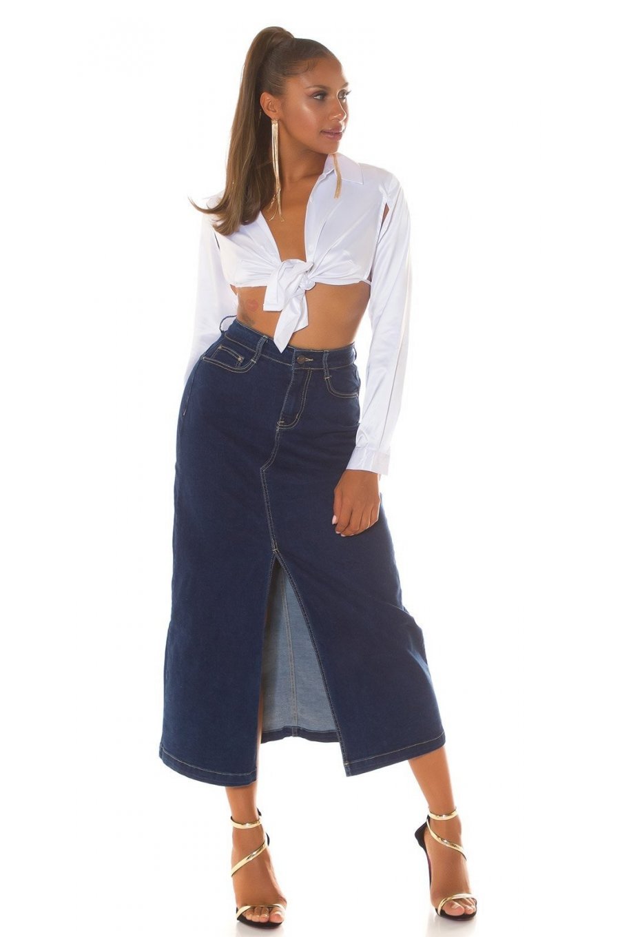 Fusta blugi lunga, albastra, din denim, cu talia inalta, Sigrid Fusta blugi lunga, albastra, din denim, cu talia inalta, Sigrid 5 - jojofashion.ro