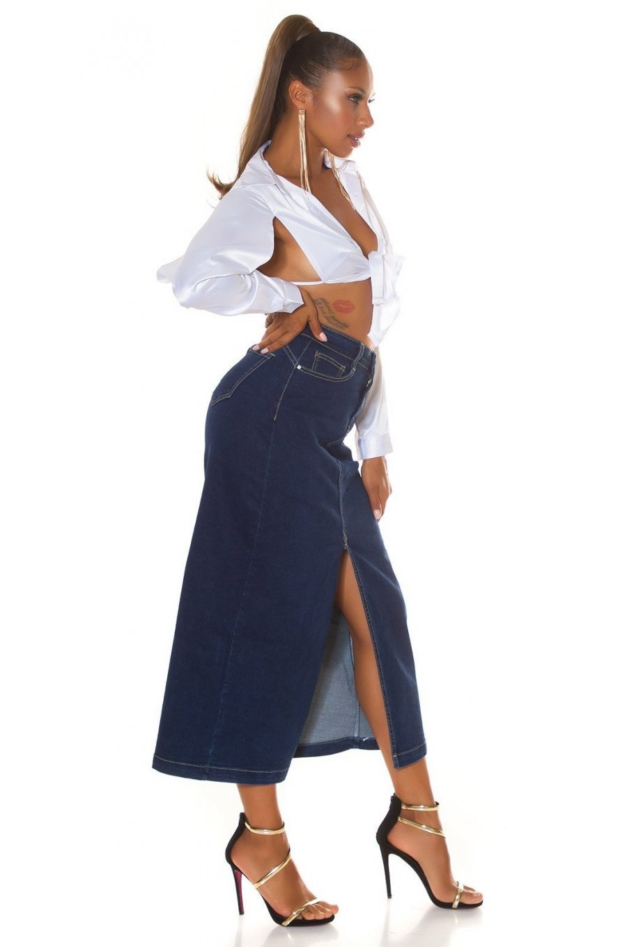 Fusta blugi lunga, albastra, din denim, cu talia inalta, Sigrid Fusta blugi lunga, albastra, din denim, cu talia inalta, Sigrid 6 - jojofashion.ro