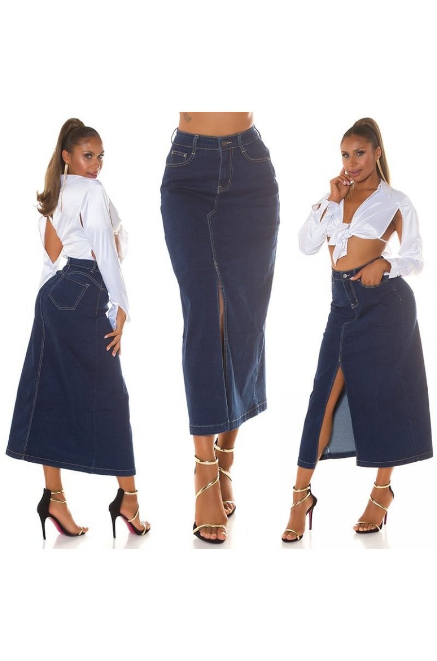 Fusta blugi lunga, albastra, din denim, cu talia inalta, Sigrid Fusta blugi lunga, albastra, din denim, cu talia inalta, Sigrid 8 - jojofashion.ro