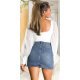 Fusta blugi mulata, din bumbac, albastra, scurta, cu pietre stralucitoare, Tricia 3 - jojofashion.ro