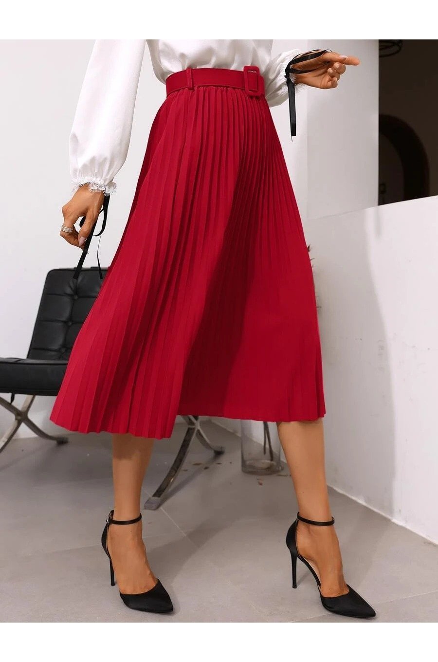 Fusta eleganta plisata, midi, rosie, Florena Fusta eleganta plisata, midi, rosie, Florena 4 - jojofashion.ro