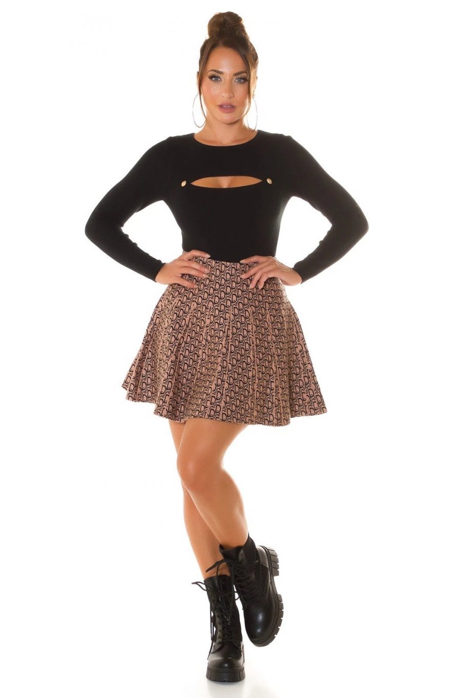 Fusta casual plisata din vascoza scurta cappuccino cu print negru Rayunna 3 - jojofashion.ro