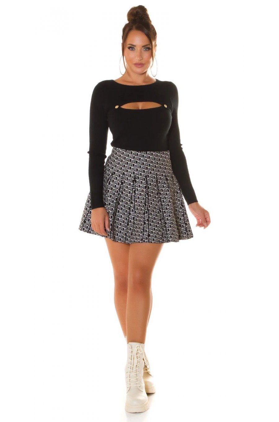 Fusta casual plisata din vascoza scurta neagra cu print alb Rayunna 3 - jojofashion.ro