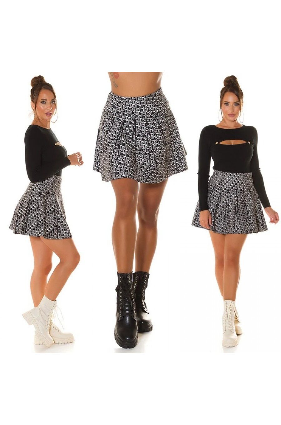 Fusta casual plisata din vascoza scurta neagra cu print alb Rayunna 6 - jojofashion.ro