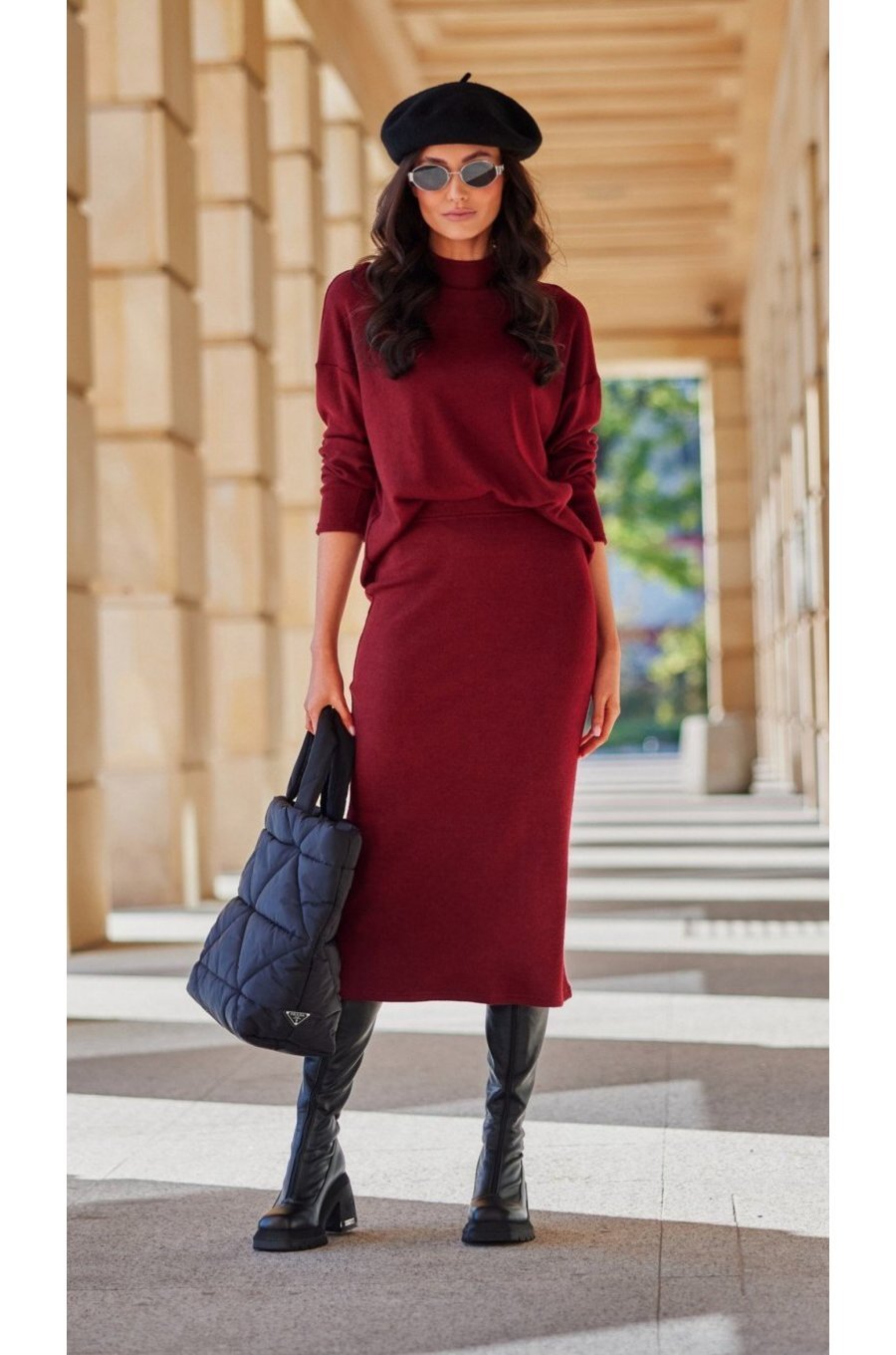 Fusta conica din vascoza, midi, burgundy, mulata, CarmenR Fusta conica din vascoza, midi, burgundy, mulata, CarmenR 1 - jojofashion.ro