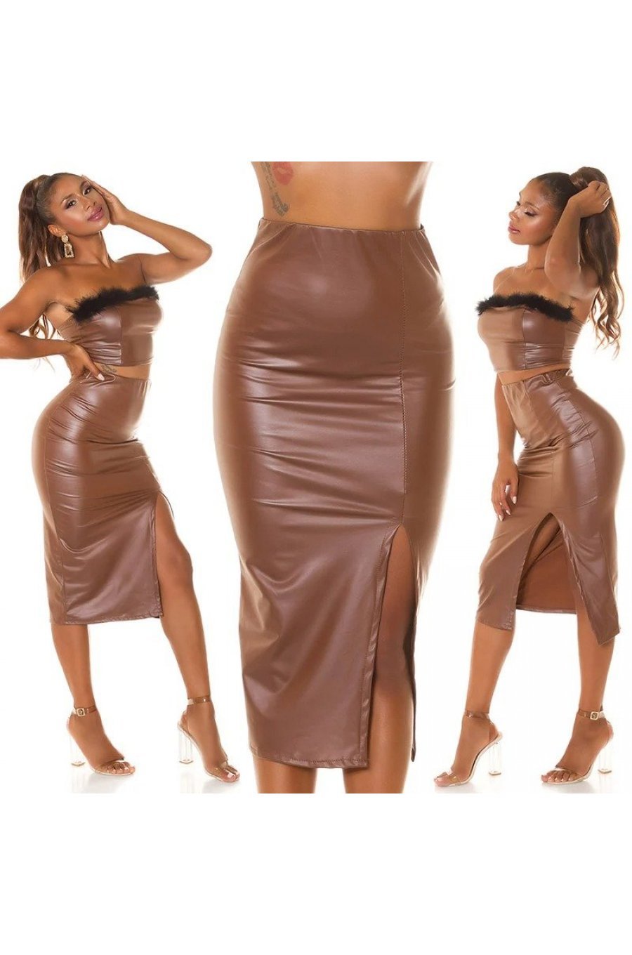 Fusta conica piele eco midi, bronz Ektrinis 6 - jojofashion.ro