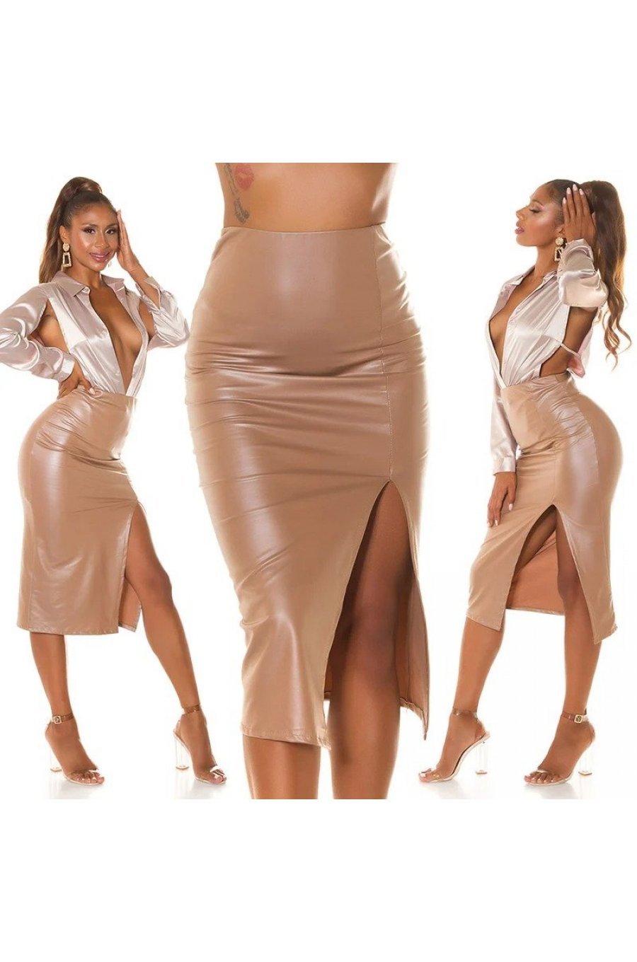 Fusta conica piele eco midi, cappuccino Ektrinis Fusta conica piele eco midi, cappuccino Ektrinis 6 - jojofashion.ro