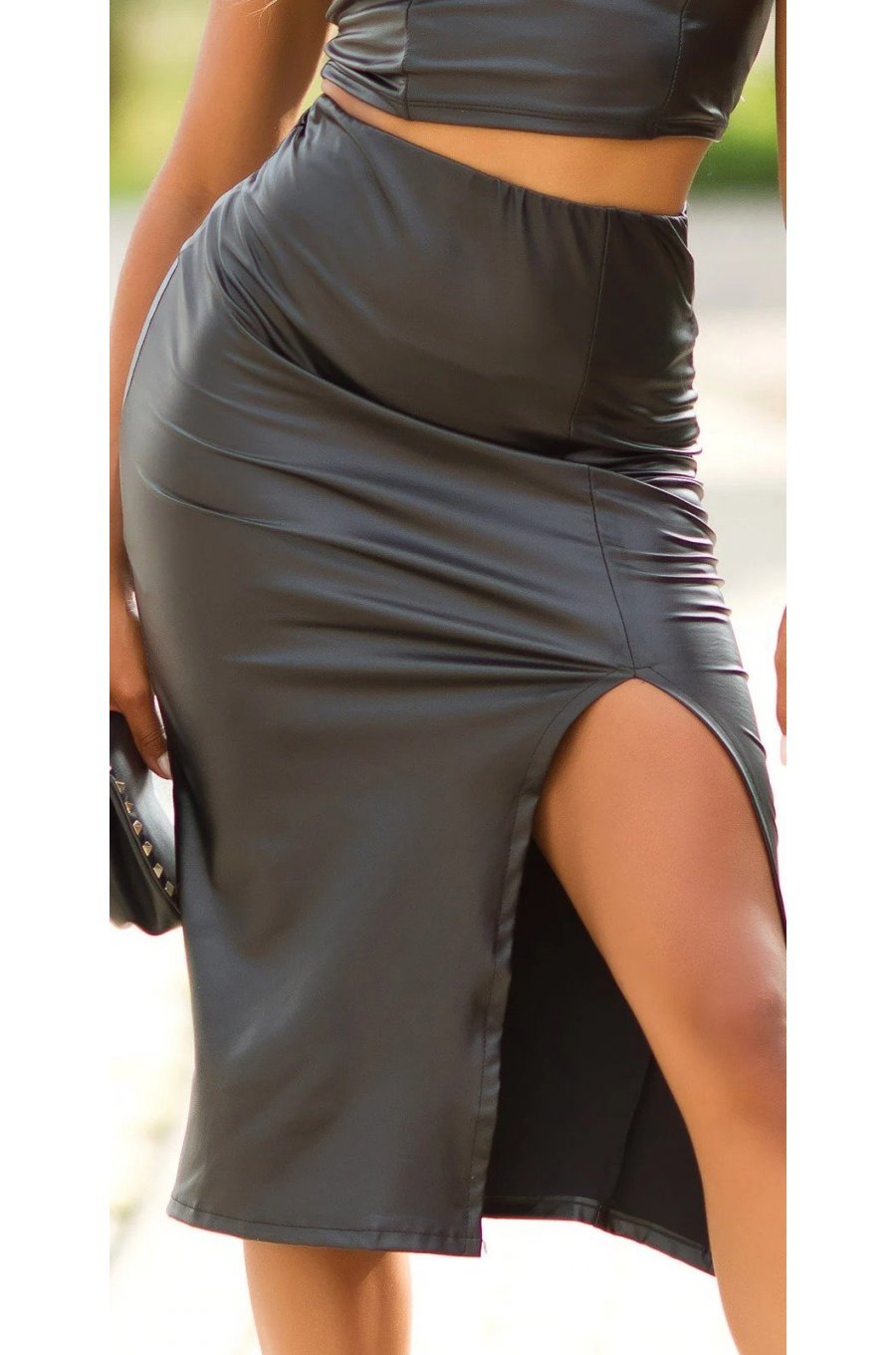 Fusta conica piele eco midi, neagra Ektrinis Fusta conica piele eco midi, neagra Ektrinis 1 - jojofashion.ro