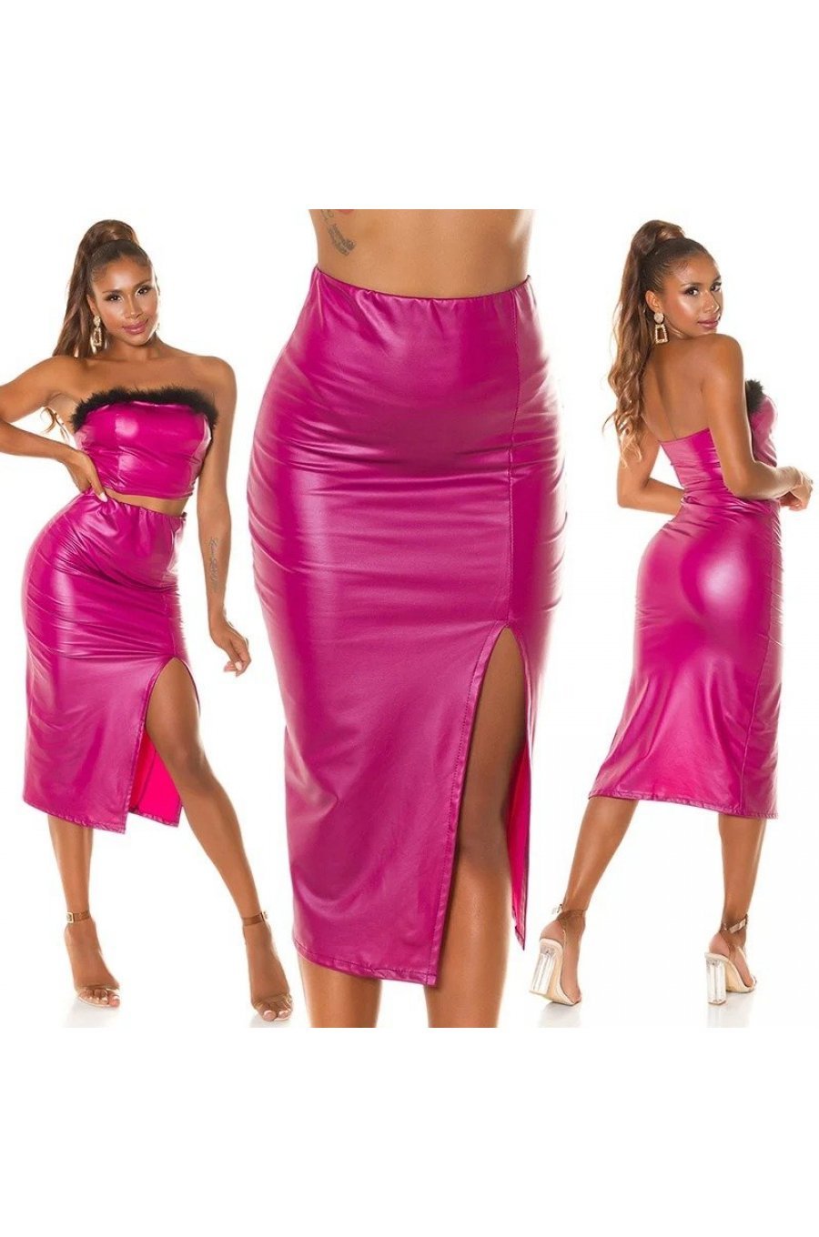 Fusta conica piele eco midi, roz fucsia Ektrinis Fusta conica piele eco midi, roz fucsia Ektrinis 5 - jojofashion.ro