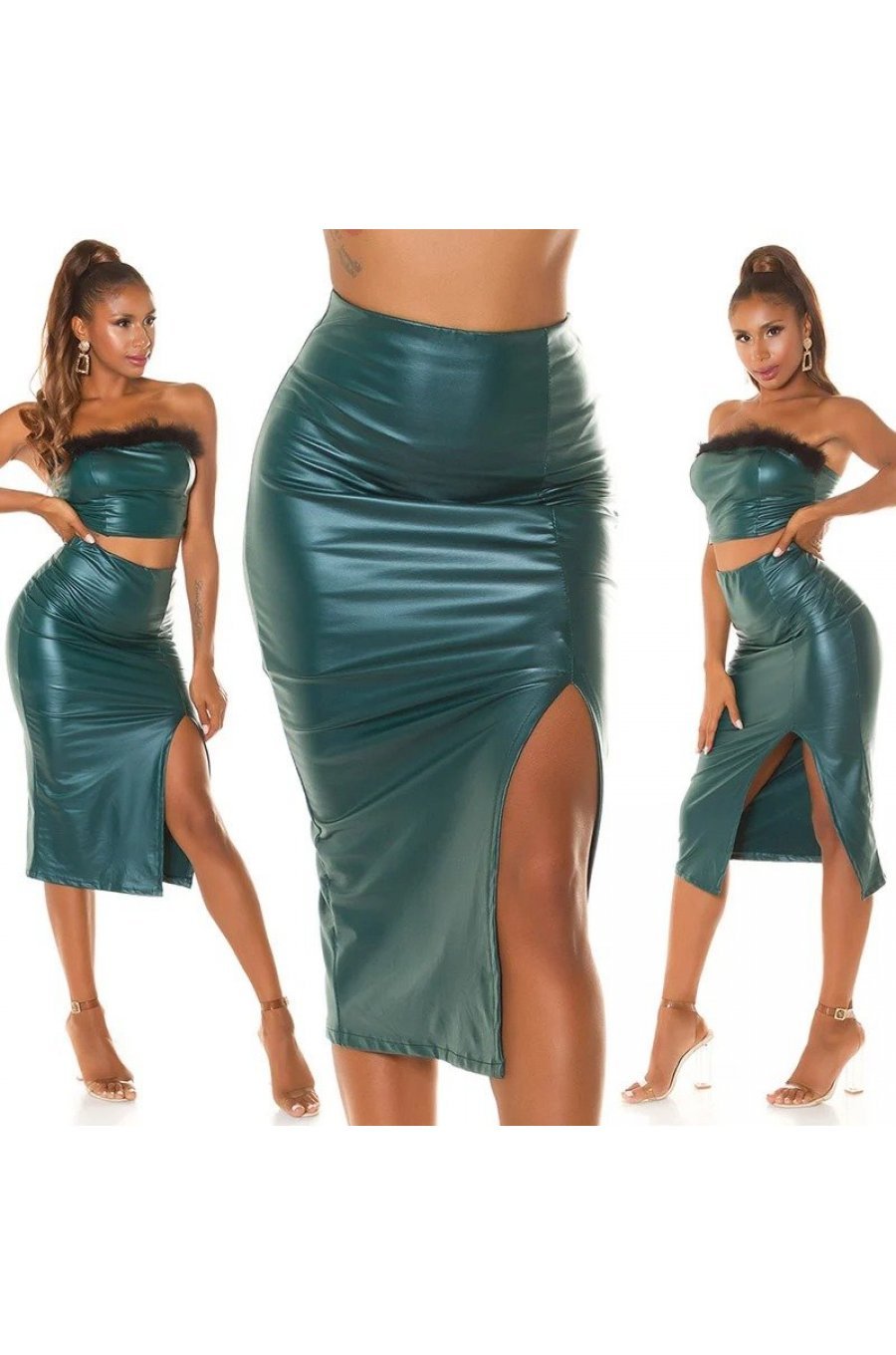 Fusta conica piele eco midi, verde Ektrinis Fusta conica piele eco midi, verde Ektrinis 6 - jojofashion.ro