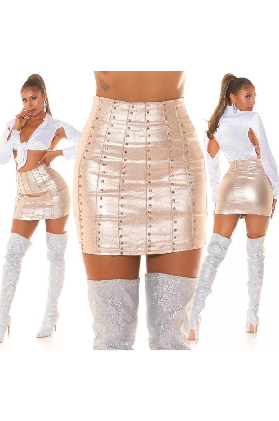 Fusta cu aspect metalic, din vascoza, aurie, scurta, cu tinte, Andia Fusta cu aspect metalic, din vascoza, aurie, scurta, cu tinte, Andia 8 - jojofashion.ro