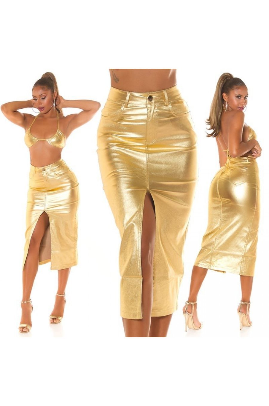 Fusta cu aspect metalic, vascoza, aurie, midi, despicata frontal, Sass Fusta cu aspect metalic, vascoza, aurie, midi, despicata frontal, Sass 9 - jojofashion.ro