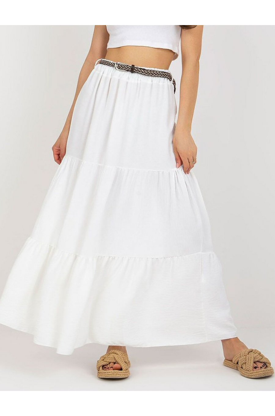 Fusta cu volane si curea, din vascoza, lunga, alba, fluida, Amrita Fusta cu volane si curea, din vascoza, lunga, alba, fluida, Amrita 1 - jojofashion.ro