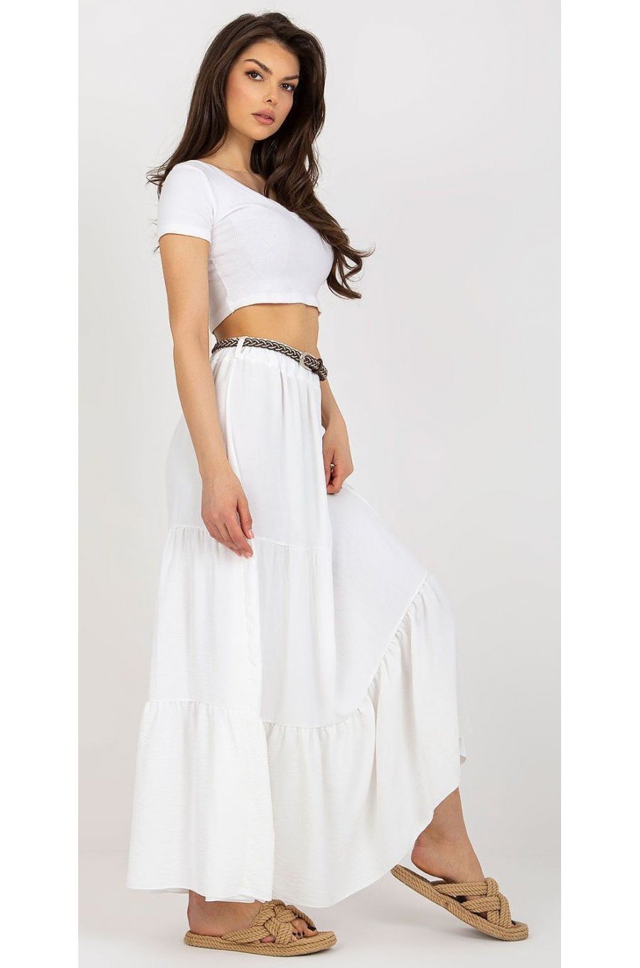 Fusta cu volane si curea, din vascoza, lunga, alba, fluida, Amrita Fusta cu volane si curea, din vascoza, lunga, alba, fluida, Amrita 3 - jojofashion.ro