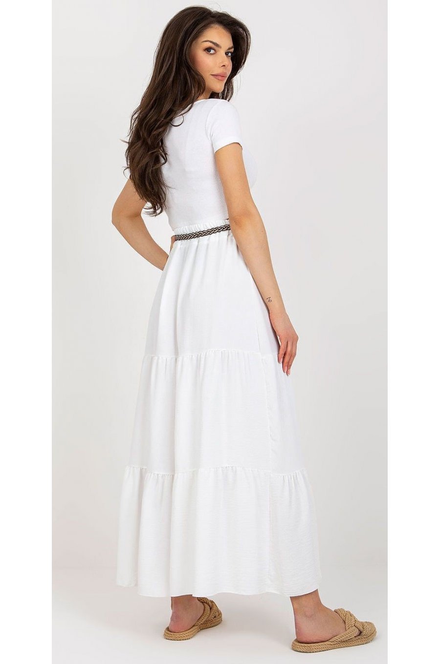 Fusta cu volane si curea, din vascoza, lunga, alba, fluida, Amrita Fusta cu volane si curea, din vascoza, lunga, alba, fluida, Amrita 4 - jojofashion.ro