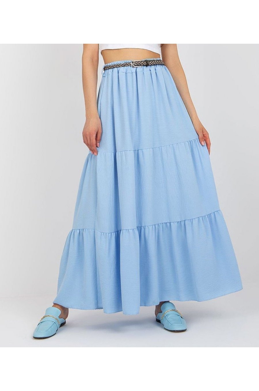 Fusta cu volane si curea, din vascoza, lunga, bleu, fluida, Amrita Fusta cu volane si curea, din vascoza, lunga, bleu, fluida, Amrita 1 - jojofashion.ro