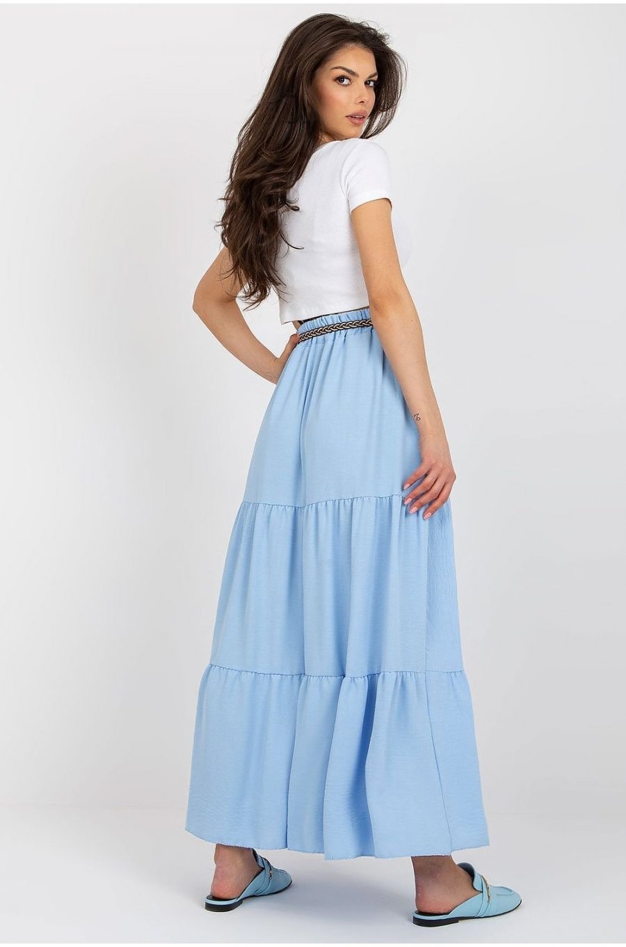 Fusta cu volane si curea, din vascoza, lunga, bleu, fluida, Amrita Fusta cu volane si curea, din vascoza, lunga, bleu, fluida, Amrita 2 - jojofashion.ro