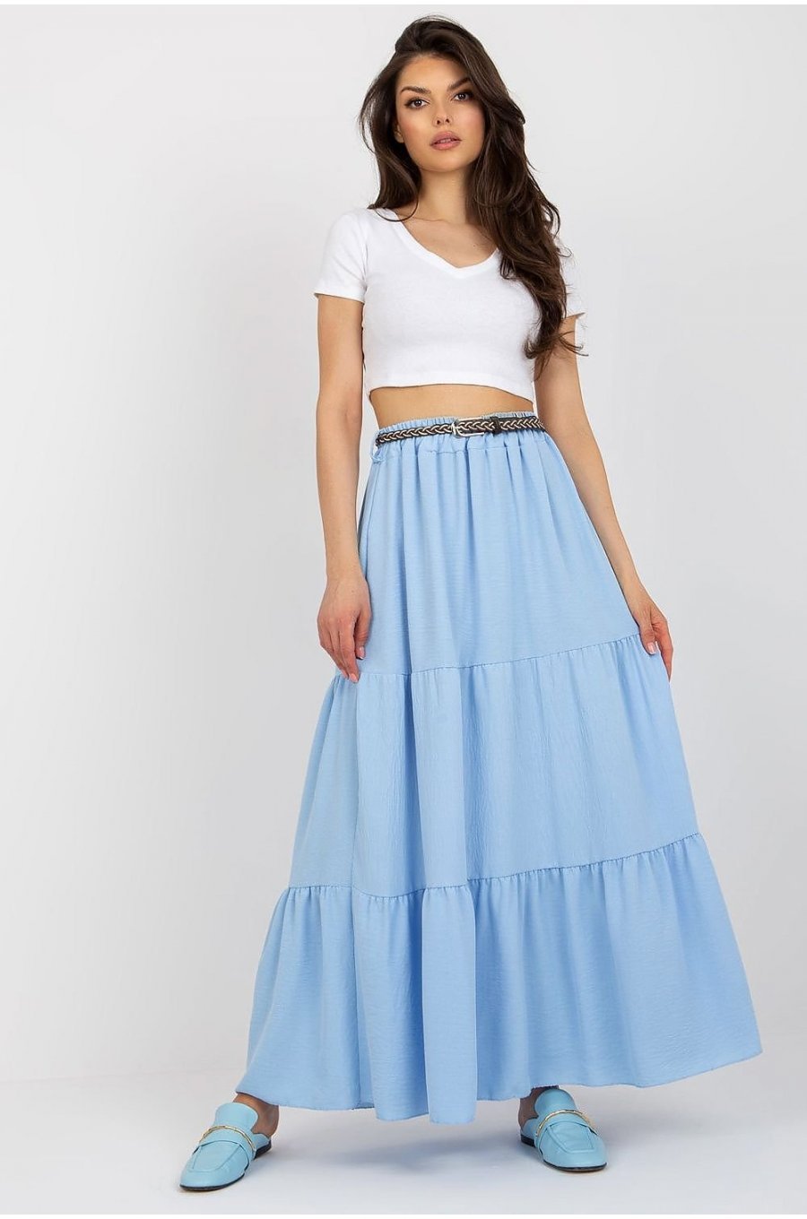 Fusta cu volane si curea, din vascoza, lunga, bleu, fluida, Amrita Fusta cu volane si curea, din vascoza, lunga, bleu, fluida, Amrita 3 - jojofashion.ro