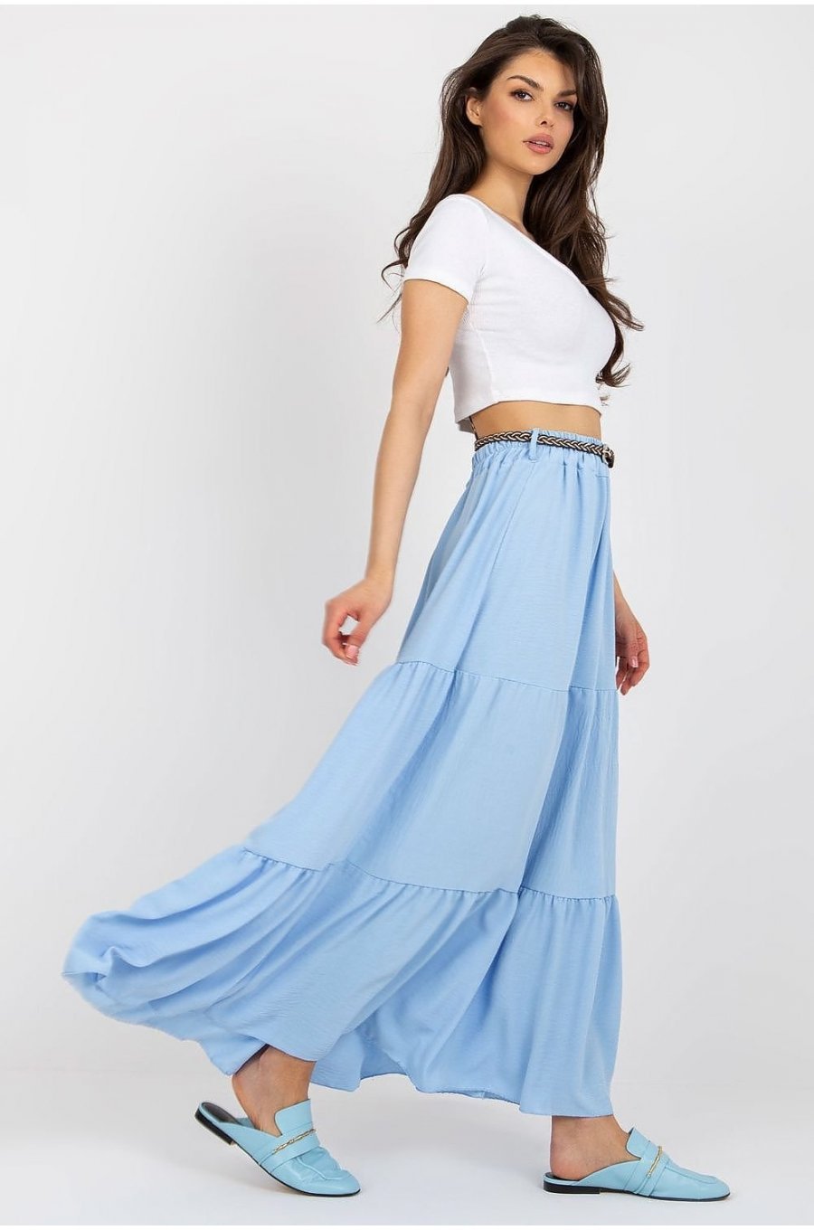 Fusta cu volane si curea, din vascoza, lunga, bleu, fluida, Amrita Fusta cu volane si curea, din vascoza, lunga, bleu, fluida, Amrita 4 - jojofashion.ro