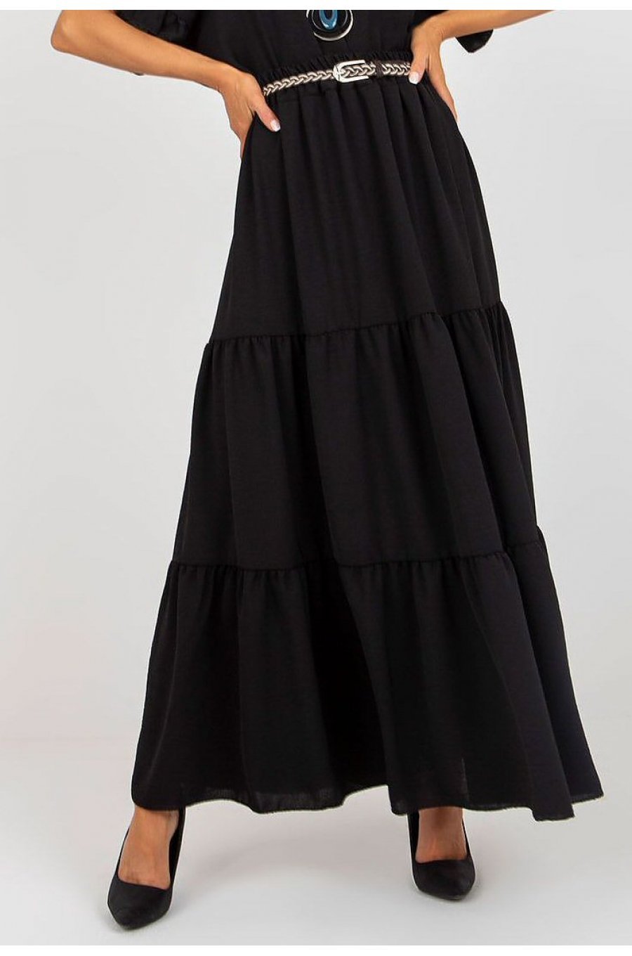 Fusta cu volane si curea, din vascoza, lunga, neagra, fluida, Amrita Fusta cu volane si curea, din vascoza, lunga, neagra, fluida, Amrita 1 - jojofashion.ro