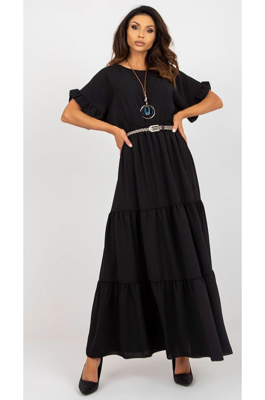 Fusta cu volane si curea, din vascoza, lunga, neagra, fluida, Amrita Fusta cu volane si curea, din vascoza, lunga, neagra, fluida, Amrita 2 - jojofashion.ro