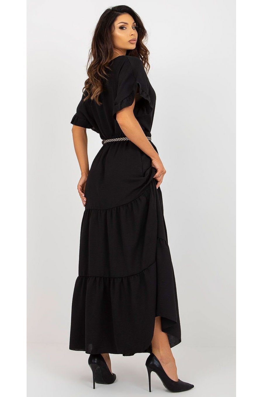 Fusta cu volane si curea, din vascoza, lunga, neagra, fluida, Amrita Fusta cu volane si curea, din vascoza, lunga, neagra, fluida, Amrita 4 - jojofashion.ro